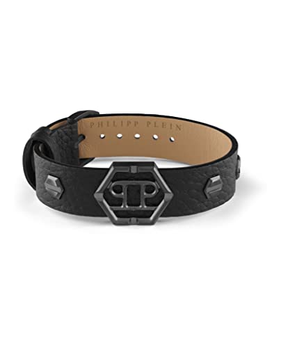 Philipp Plein Herren Armband Leder Schwarz Edelstahl IP Gun Hexagon, Länge: ca. 22 cm, PJ7AA11BU von Philipp Plein