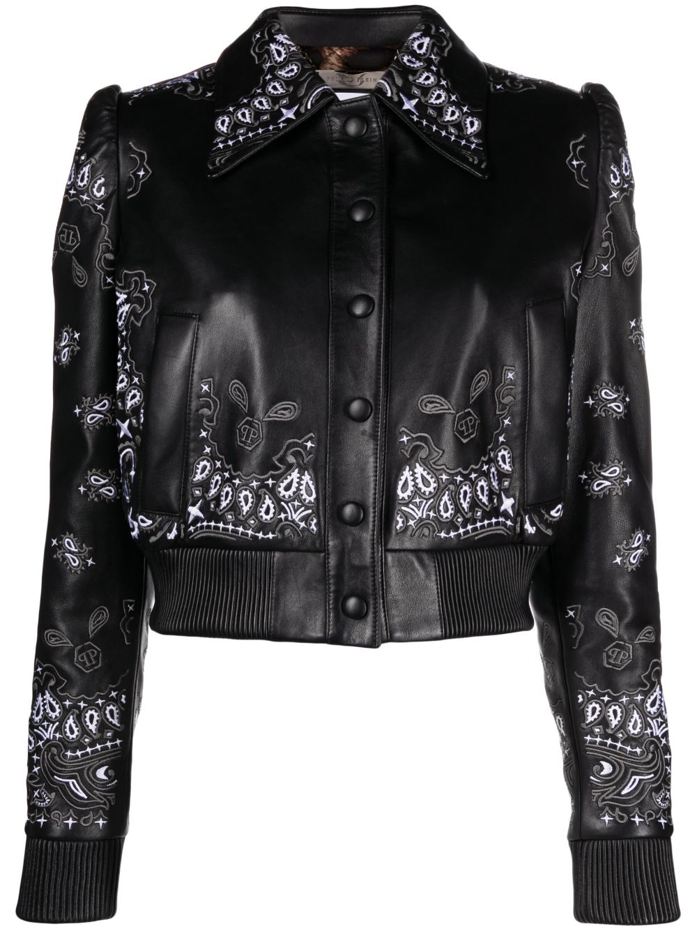 Philipp Plein Lederjacke mit Bandana-Stickerei - Schwarz von Philipp Plein