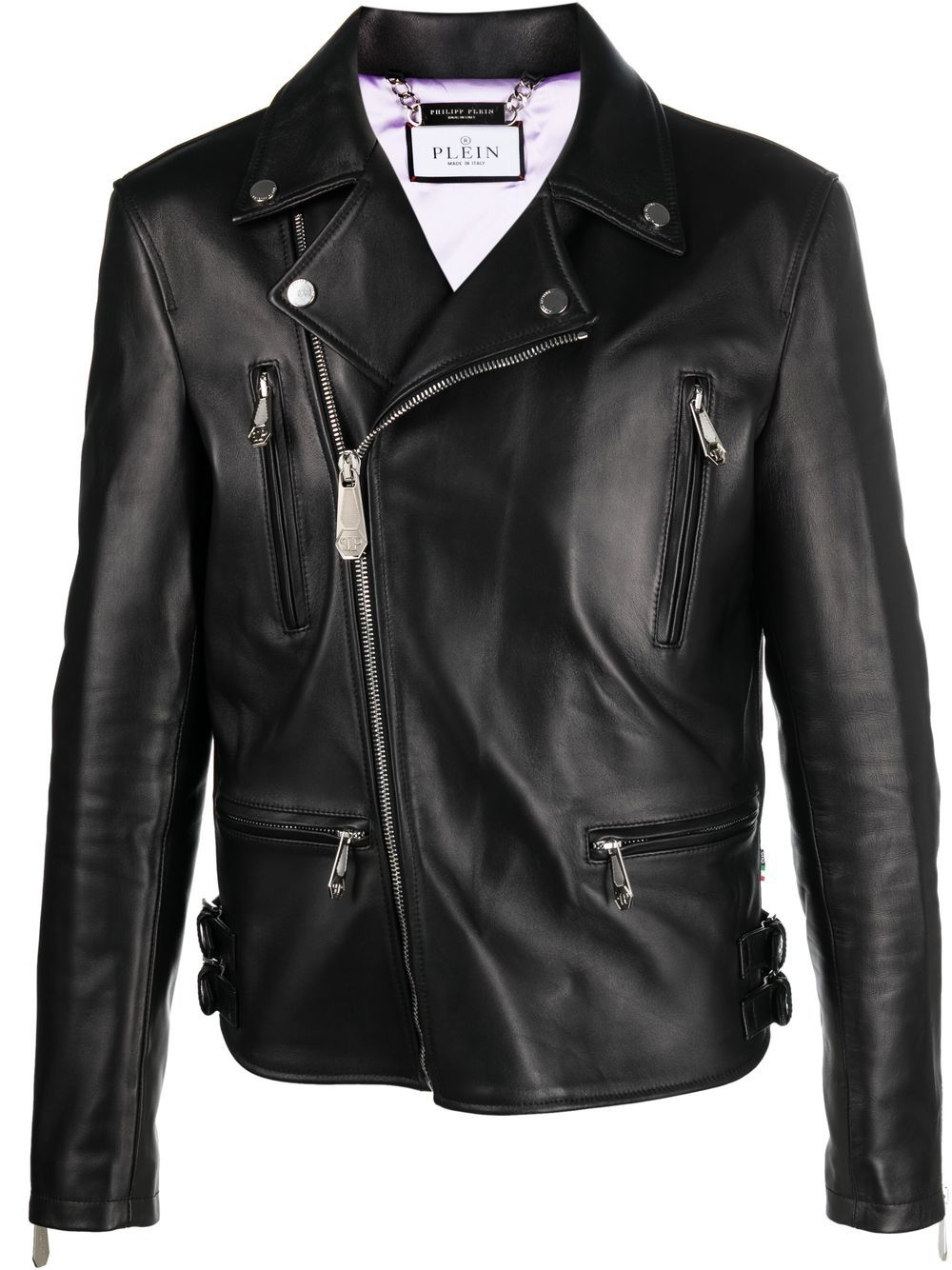 Philipp Plein Lederjacke mit Logo-Schild - Schwarz von Philipp Plein