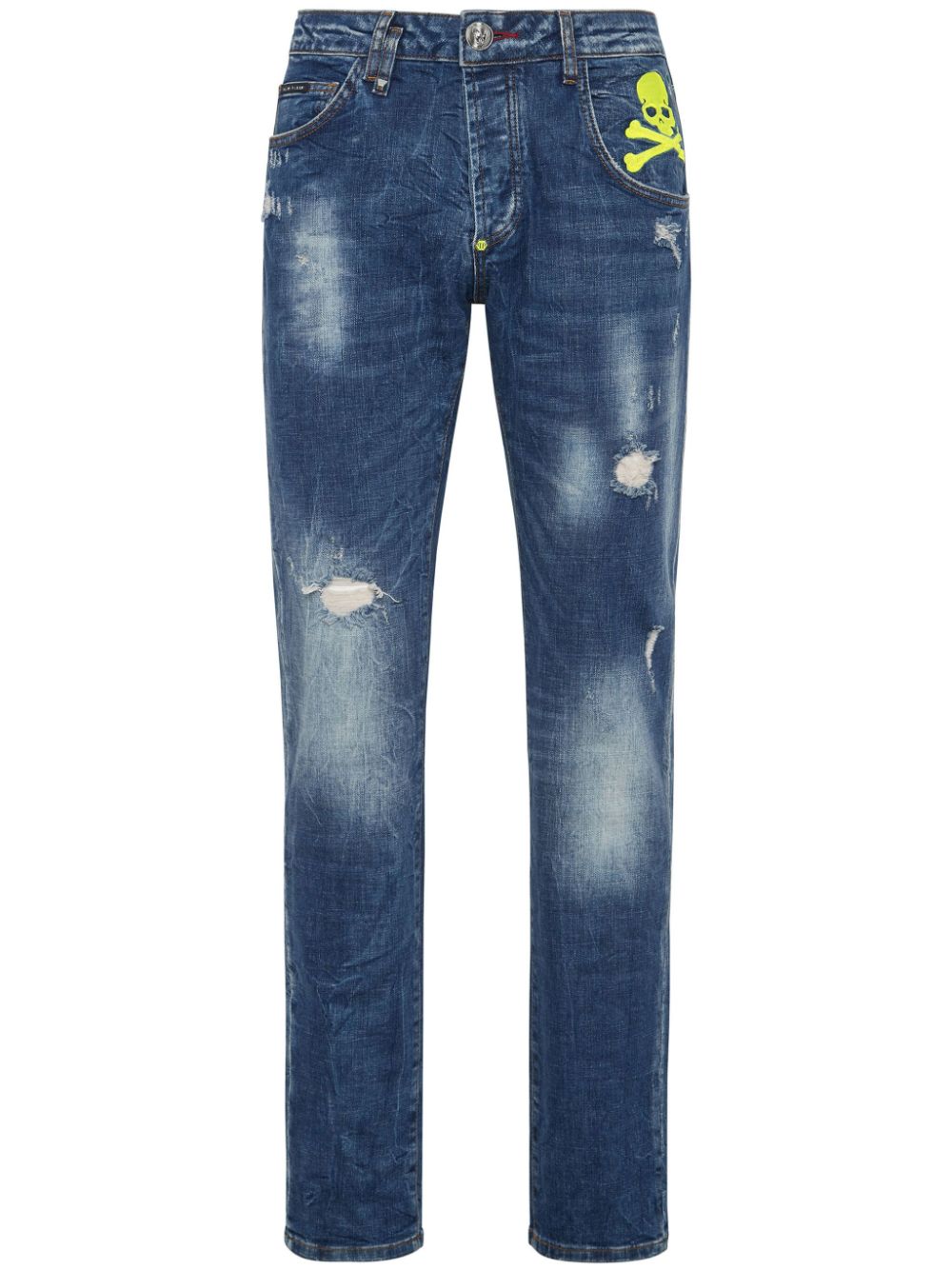 Philipp Plein Skull Straight-Leg-Jeans mit Farbklecksen - Blau von Philipp Plein