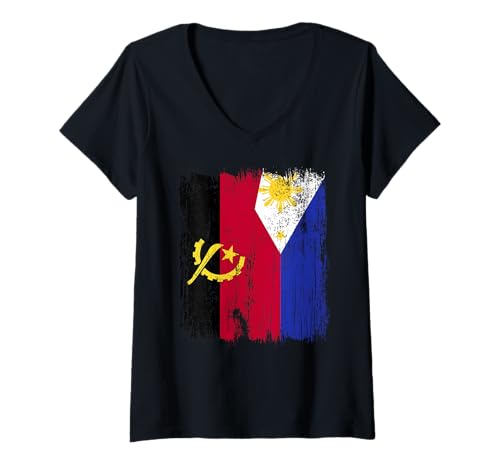 Damen Angola Philippinen Halbflagge Angolanische Filipino Flagge T-Shirt mit V-Ausschnitt von Philippines Flag Designs Proud Filipino Roots
