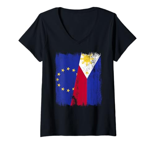 Damen EU Philippinen Halbflagge Europäische Union Filipino Trikot T-Shirt mit V-Ausschnitt Damen EU Philippinen Halbflagge Europäische Union Filipino Trikot T-Shirt mit V-Ausschnitt von Philippines Flag Designs Proud Filipino Roots