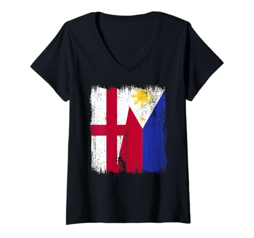 Damen England Philippinen Halbe Flagge Englisch Filipino Trikot T-Shirt mit V-Ausschnitt Damen England Philippinen Halbe Flagge Englisch Filipino Trikot T-Shirt mit V-Ausschnitt von Philippines Flag Designs Proud Filipino Roots