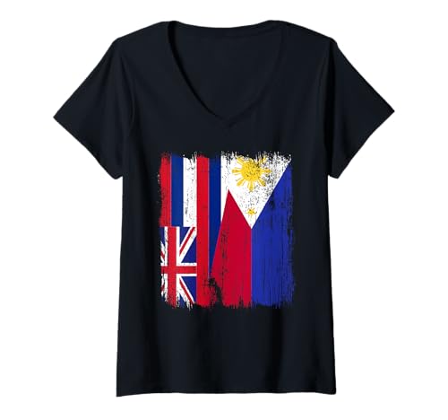 Damen Hawaii Philippinen Halbe Flagge Hawaii Filipino Trikot T-Shirt mit V-Ausschnitt Damen Hawaii Philippinen Halbe Flagge Hawaii Filipino Trikot T-Shirt mit V-Ausschnitt von Philippines Flag Designs Proud Filipino Roots