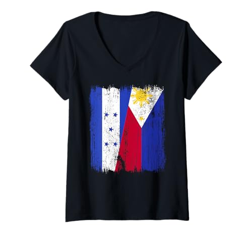 Damen Honduras Philippinen Halbe Flagge Honduranische Filipino Flagge T-Shirt mit V-Ausschnitt von Philippines Flag Designs Proud Filipino Roots