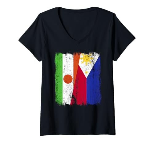 Damen Niger Philippinen Halbflagge Niger Filipino Flagge T-Shirt mit V-Ausschnitt von Philippines Flag Designs Proud Filipino Roots