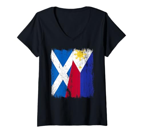 Damen Schottland Philippinen Halbflagge Schottisches Filipino Trikot T-Shirt mit V-Ausschnitt Damen Schottland Philippinen Halbflagge Schottisches Filipino Trikot T-Shirt mit V-Ausschnitt von Philippines Flag Designs Proud Filipino Roots
