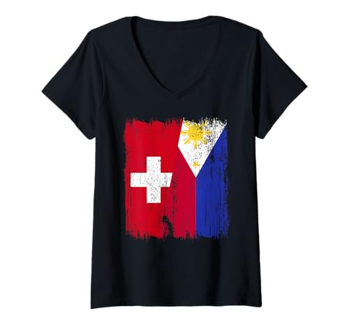 Damen Schweiz Philippinen Halbflagge Schweiz Filipino Trikot T-Shirt mit V-Ausschnitt Damen Schweiz Philippinen Halbflagge Schweiz Filipino Trikot T-Shirt mit V-Ausschnitt von Philippines Flag Designs Proud Filipino Roots