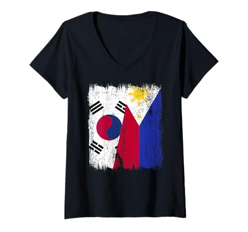Damen Südkorea Philippinen Halbe Flagge Koreanisch Filipino Trikot T-Shirt mit V-Ausschnitt Damen Südkorea Philippinen Halbe Flagge Koreanisch Filipino Trikot T-Shirt mit V-Ausschnitt von Philippines Flag Designs Proud Filipino Roots