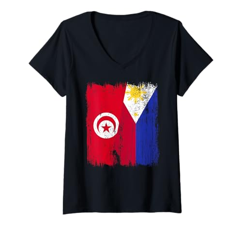 Damen Tunesien Philippinen Halbflagge Tunesische Philippinen Flagge T-Shirt mit V-Ausschnitt von Philippines Flag Designs Proud Filipino Roots