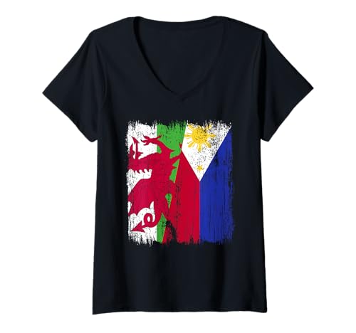 Damen Wales Philippinen Halbflagge Walisisch Filipino Trikot T-Shirt mit V-Ausschnitt Damen Wales Philippinen Halbflagge Walisisch Filipino Trikot T-Shirt mit V-Ausschnitt von Philippines Flag Designs Proud Filipino Roots
