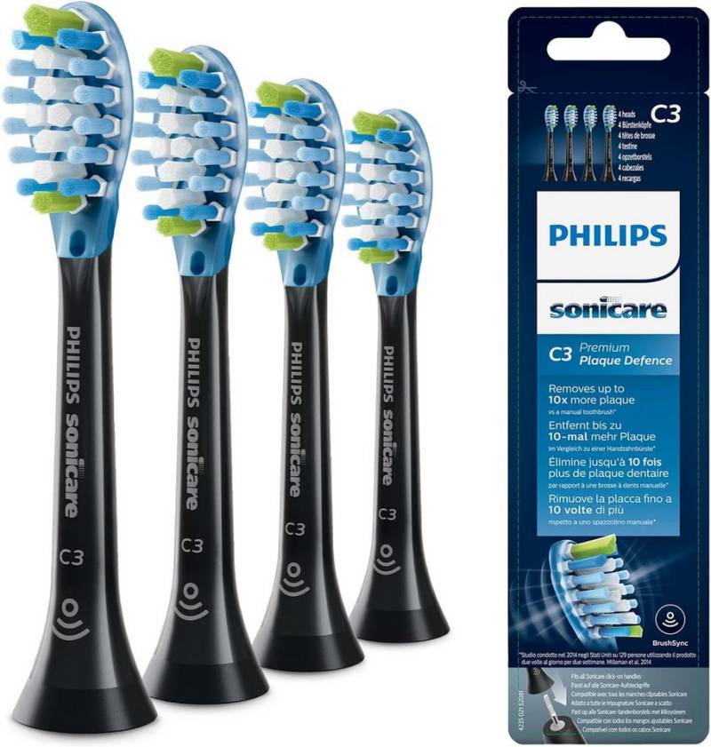 Philips Sonicare Aufsteckbürsten C3 Premium Plaque Defence, Spar-Set, für elektrische Zahnbürste, 4 Bürstenköpfe Schwarz mit Smart-Bürstenkopferkennung von Philips Sonicare