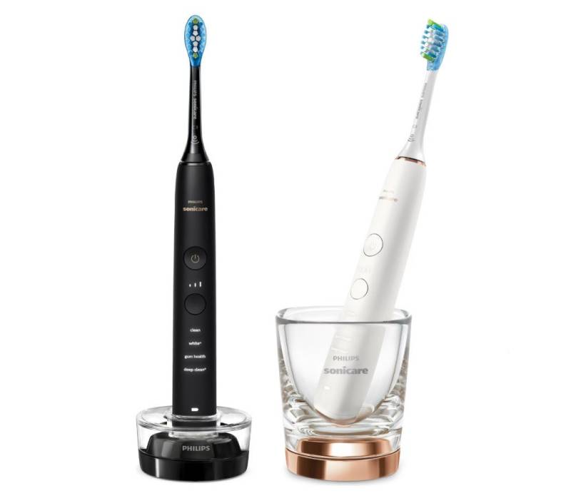 Philips Elektrische Zahnbürste Sonicare Diamond Clean 9000 Doppelpack HX9914/57 Schwarz & Rosé-Gold, Aufsteckbürsten: 4 St., 2er-Set, Drucksensor, Ladeglas, 4 Putzmodi von Philips