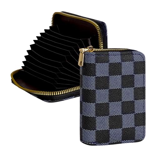 Philo Fun Kompakter Kreditkarten-Organizer für Damen, blau kariert, RFID-blockierend, mit Reißverschluss, 9 Kartenfächer und 2 Geldfächer, Blau kariert von Philo Fun