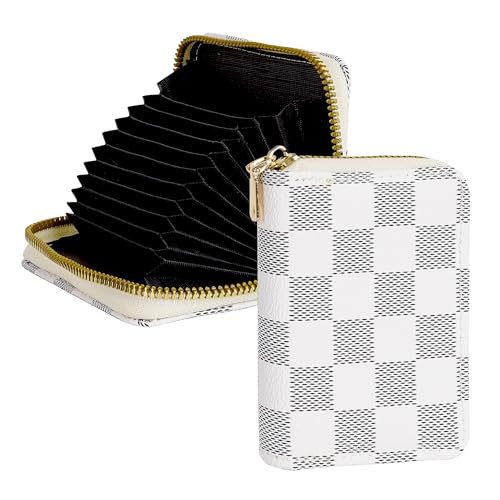 Philo Fun Kompakter Kreditkarten-Organizer für Damen, weiß kariert, RFID-blockierend, mit Reißverschluss, 9 Kartenfächer und 2 Geldfächern, Classic von Philo Fun
