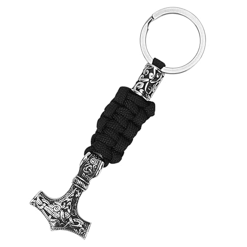 Philo Fun Wikinger Schlüsselanhänger - Mjolnir Paracord Design Edelstahl Thors Hammer Anhänger Schlüsselanhänger, nordisches heidnisches Geschenk für Männer, schwarz / silber, 5.2-Inch Long von Philo Fun
