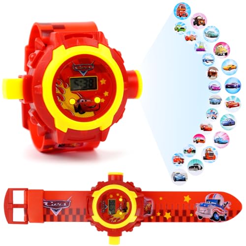 Kinderprojektionsuhr, Kinder Cartoon Uhr, 24 Verschiedene Bilder Projektor Uhr, Auto Rot Schwarz Elektronische Armbanduhr, Einstellbare Digitale Projektionsuhr, für Jungen Mädchen von Philoctes