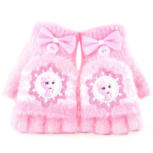 Kinder Halbfinger Handschuhe,Warme Winterhandschuhe für Mädchen Kinder,Fingerlose Fingerhandschuhe mit Knopf Flip Top Winter Strickhandschuhe mit Prinzessinmotiv,Plüsch Geschenk,Rosa von Philoctes