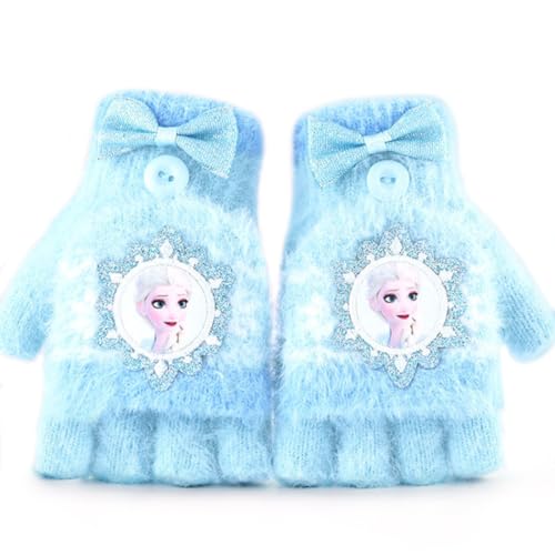 Kinder Halbfinger Handschuhe,Warme Winterhandschuhe für Mädchen Kinder,Fingerlose Fingerhandschuhe mit Knopf Flip Top Winter Strickhandschuhe mit Prinzessinmotiv,Plüsch Geschenk,Blau von Philoctes