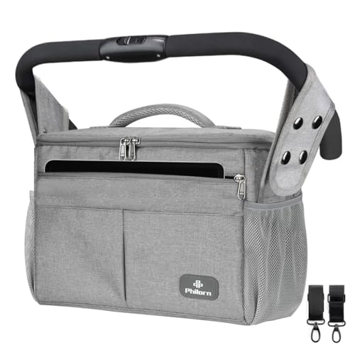 PHILORN Kinderwagen Organizer mit Isolierte Getränkehalter, Schultergurt Große Kapazität, Universal Baby Kinderwagen Tasche, Grau von Philorn