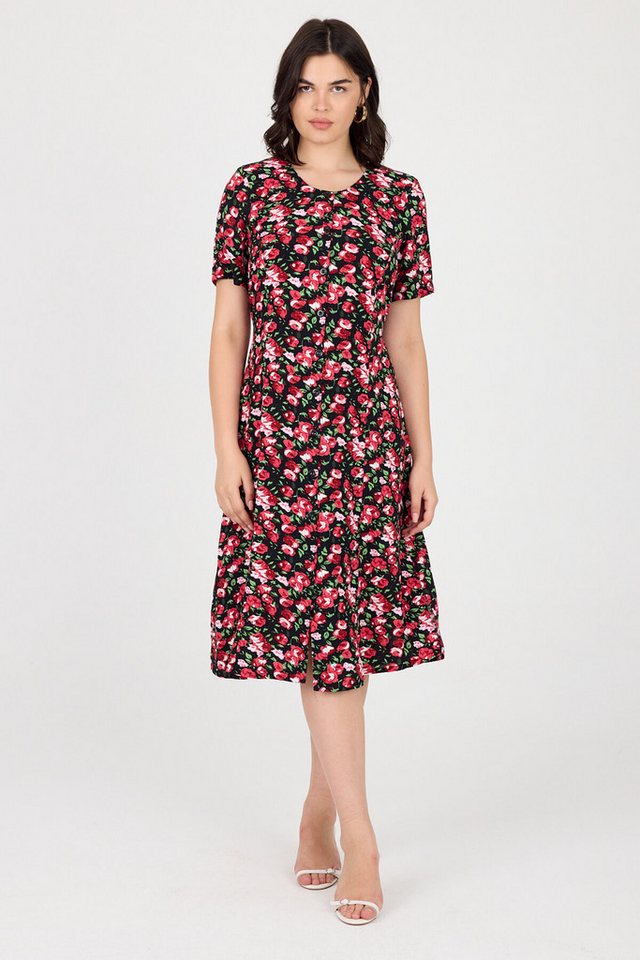 Phistan Midikleid Damenkleid aus Webstoff – Schwarz mit roten Rosen von Phistan