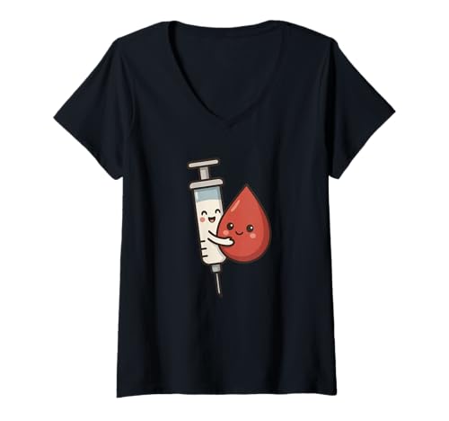 Damen Kawaii Medizinischer Witz Süße Spritze Blutentnahme Phlebotomisten T-Shirt mit V-Ausschnitt Damen Kawaii Medizinischer Witz Süße Spritze Blutentnahme Phlebotomisten T-Shirt mit V-Ausschnitt von Phlebotomy Pediatric Funny Blood Donor Lab Techs