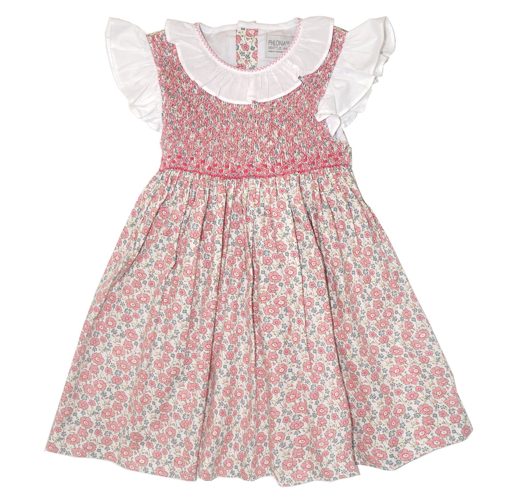 Pink & Weiß Rüschen Flatterärmel Smocked A-Linie Kleid - Säugling, Kleinkind Mädchen von Phlona