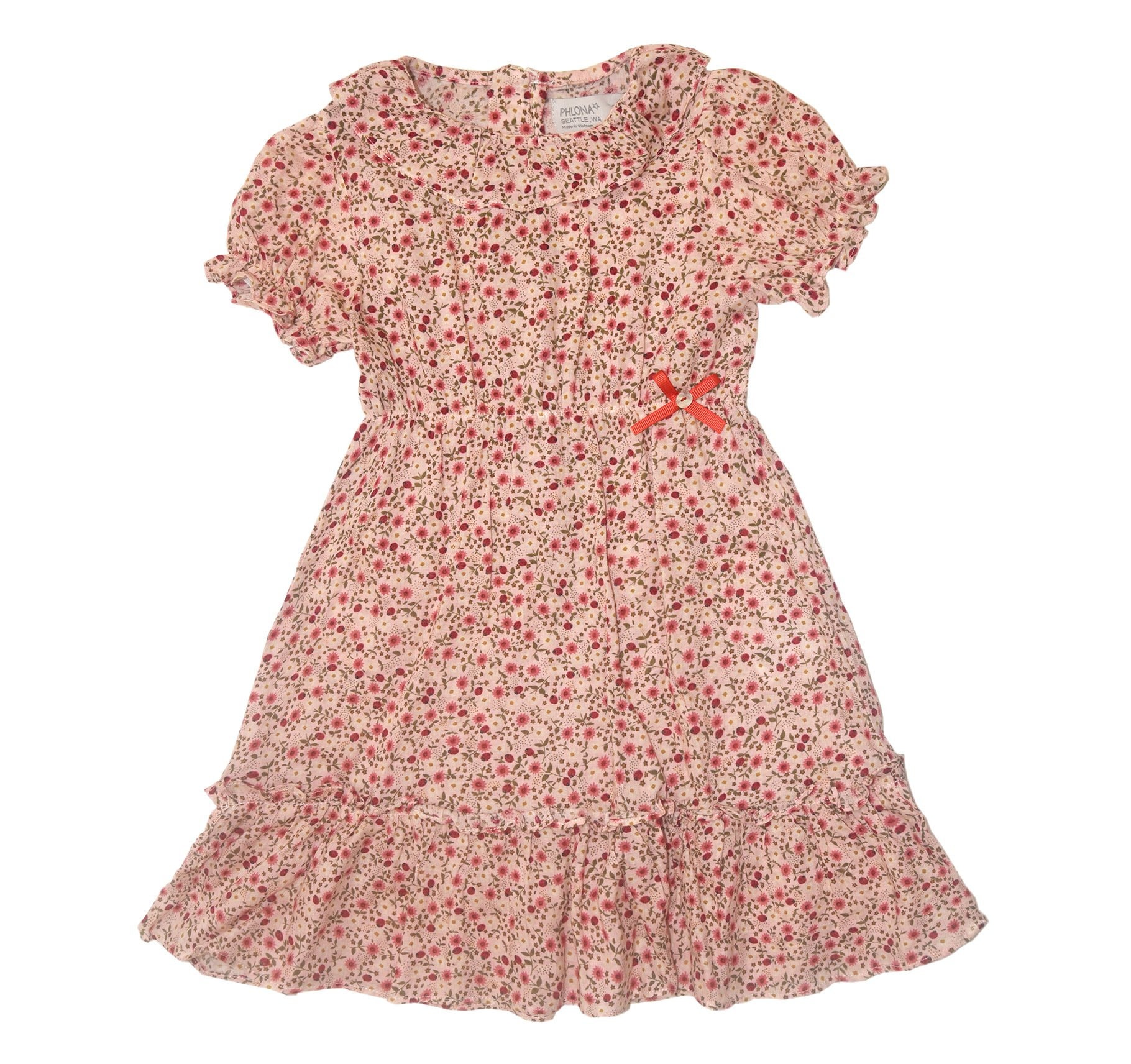 Rot -Weißes Florales Schleife-Akzent Rüschen-Kragen A-Linie Kleid - Säugling, Kleinkind Mädchen von Phlona