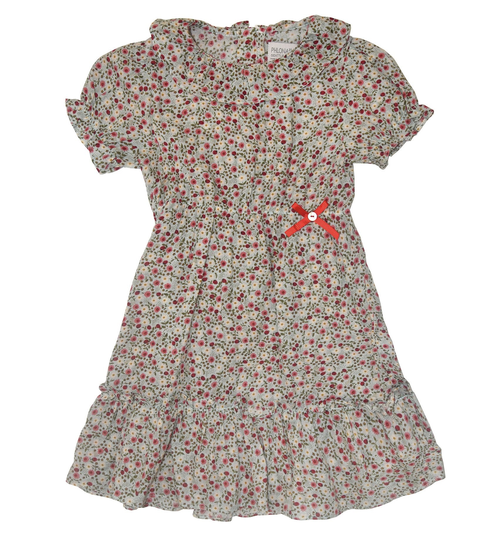 Rot & Elfenbein Floral Schleife-Akzent Rüschen-Kragen A-Linie Kleid - Säugling, Kleinkind Mädchen von Phlona