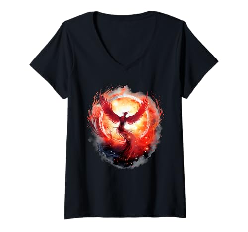 Damen Mythisches Vogelfeuer Phönix Vogelverjüngung Reborn Phoenix T-Shirt mit V-Ausschnitt Damen Mythisches Vogelfeuer Phönix Vogelverjüngung Reborn Phoenix T-Shirt mit V-Ausschnitt von Phoenix Mythical Bird Rising Born Again Firebird
