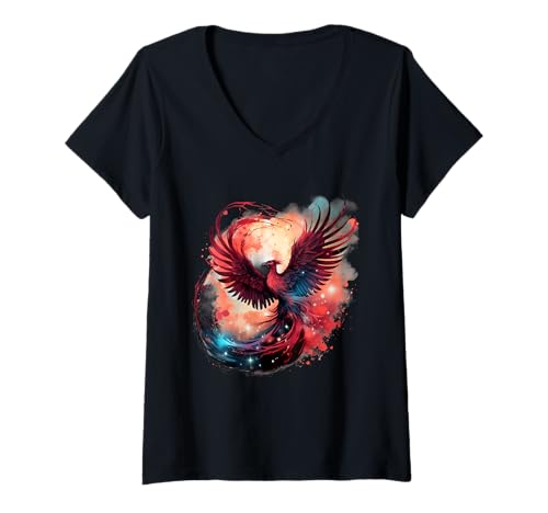 Damen Phoenix Rising Fire Phoenix Bird Mythische Vogelverjüngung T-Shirt mit V-Ausschnitt Damen Phoenix Rising Fire Phoenix Bird Mythische Vogelverjüngung T-Shirt mit V-Ausschnitt von Phoenix Mythical Bird Rising Born Again Firebird