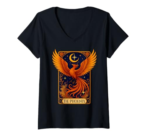 Damen Die Phoenix Reader Vintage Tarot Card T-Shirt mit V-Ausschnitt Damen Die Phoenix Reader Vintage Tarot Card T-Shirt mit V-Ausschnitt von Phoenix Rise From The Ashes Fire Bird Reborn
