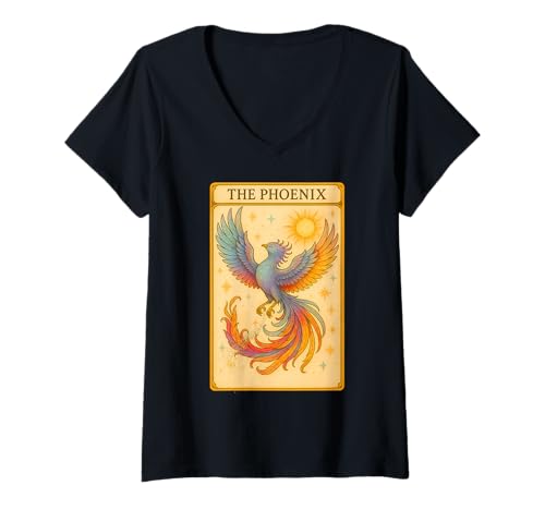 Damen Die Phoenix Reader Vintage Tarot Card T-Shirt mit V-Ausschnitt von Phoenix Rise From The Ashes Fire Bird Reborn