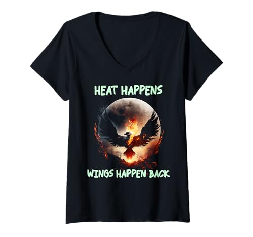 Damen Heat Happens, Wings Happen Back, Motivation Phoenix Zitat T-Shirt mit V-Ausschnitt von Phoenix Rising