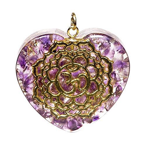 Orgonit Anhänger für das siebte Chakra mit Amethyst in Herzform und Metallsymbol von Phoenix