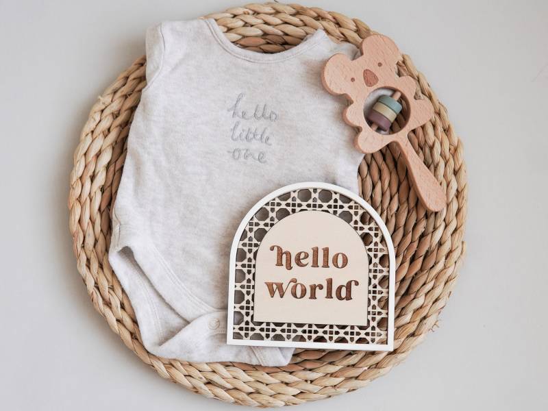 Hello World Geburtsanzeige Zeichen Baby Ankündigung Willkommen in Der Welt Ankunft Holz Rattan Offenbaren von PhoenixCove