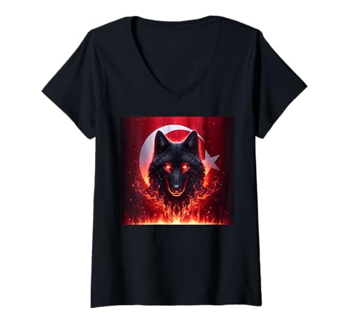 Damen Türkei Flagge Wolf T-Shirt mit V-Ausschnitt Damen Türkei Flagge Wolf T-Shirt mit V-Ausschnitt von PhoenixFlameFashion