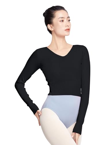 Phoeswan Ballett-Pullover für Mädchen & Frauen, Ballett-Aufwärm-Pullover, Tanzpullover, Ballett-Wickel-Pullover für Turnanzüge, Schwarz-hohe Taille, Mittel von Phoeswan