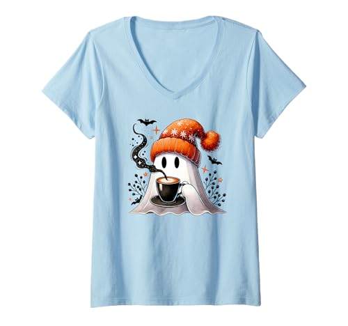 Damen Cute Fall Ghost Coffee Mug Halloween Ghost Drinking Coffee T-Shirt mit V-Ausschnitt von Phone Case Ghost Coffee Cup,Ghost Coffee Tumblers