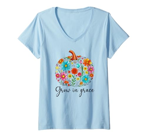 Damen Grow in Grace Christian Pumpkin Floral Fall Bible Verse God T-Shirt mit V-Ausschnitt von Phone Case Grip Grow in Grace Shirt Christian Tees