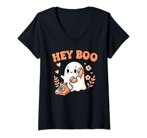 Damen Hey Boo Ghost Girl Calling Phone Halloween Spooky Boo JEE T-Shirt mit V-Ausschnitt von Phone Case Halloween Ghost Hey Boo Halloween Shirt