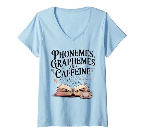 Damen Phonemes Graphemes and Coffein Lustiger Leselehrer T-Shirt mit V-Ausschnitt Damen Phonemes Graphemes and Coffein Lustiger Leselehrer T-Shirt mit V-Ausschnitt von Phonemes Graphemes And Caffeine Back to School