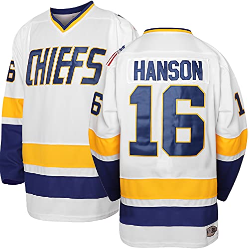 Phoneutrix Hanson Brothers Charlestown Chiefs 16 Jack 17 Steve 18 Jeff Slap Shot Movie Hockey Jersey Blau, 16 Weiß, Mittel von Phoneutrix