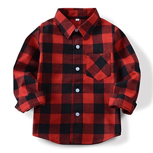 Phorecys Mädchen Plaid Flanellhemd Langarm Knopfleiste Buffalo Kariert Hemd 2T-10 Jahre, Rot Schwarz kariert, 9-10 Jahre von Phorecys