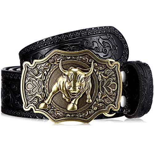 Photect Leder Blumenprägung Western Cowboy Schnalle Gürtel mit Longhorn Gürtelschnalle für Herren, 1,5 Zoll Breit (Schwarz, 47 Zoll) von Photect