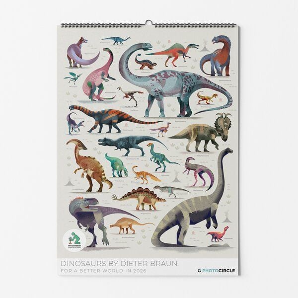 Photocircle Dinosaurier Wandkalender 2025 mit Dino Illustrationen des renommierten Künstlers Dieter Braun fürs Kinderzimmer von Photocircle