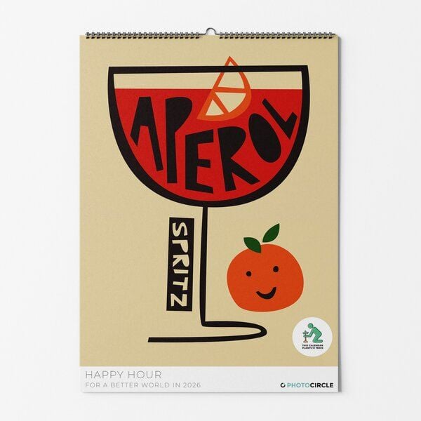 Photocircle Happy Hour Wandkalender 2026 für die Küche mit Vintage Illustrationen mit Cocktails von Aperol bis Gin Tonic von Photocircle
