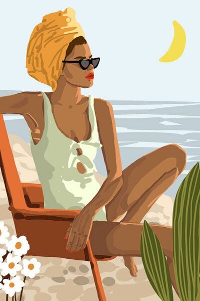 Photocircle Poster / Leinwandbild - Moon Child, Beach Vacation, Black Woman Illustration Travel Ocean von Photocircle