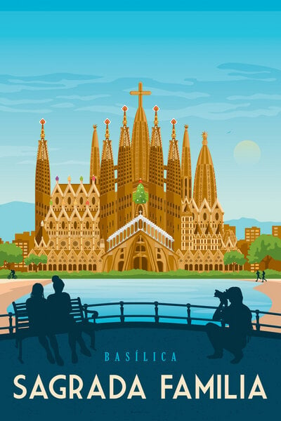 Photocircle Poster / Leinwandbild - Sagrada Familia Barcelona Vintage Travel Wandbild von Photocircle