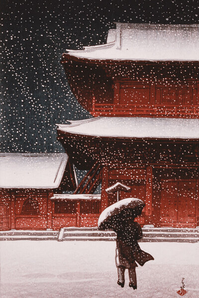 Photocircle Poster / Leinwandbild - Shiba Zojo Temple in Snow by Hasui Kawase von Photocircle